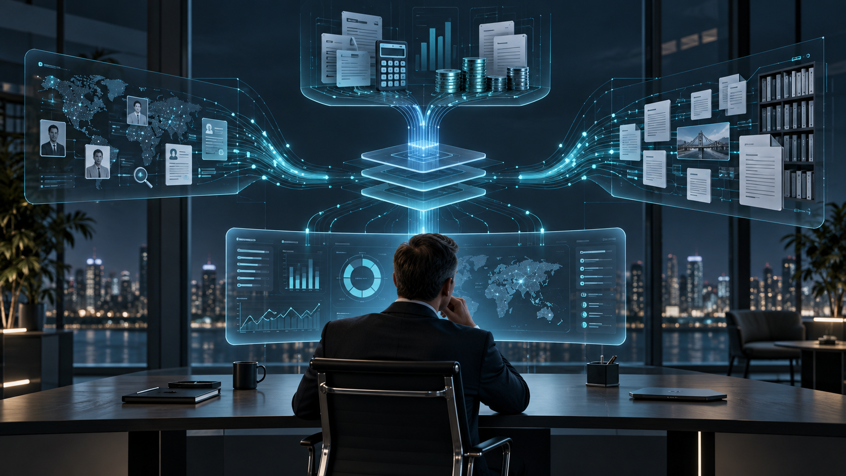 Connected business workflows for research, finance, and knowledge converging into a unified AI operations layer supervised by a person