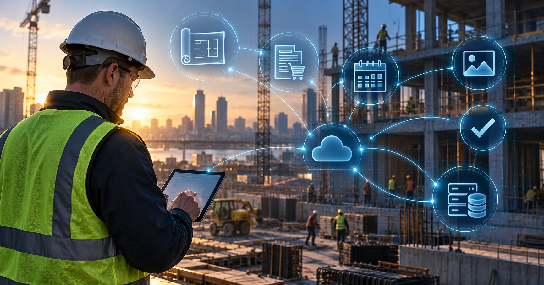 Construction superintendent using a tablet with connected project workflows