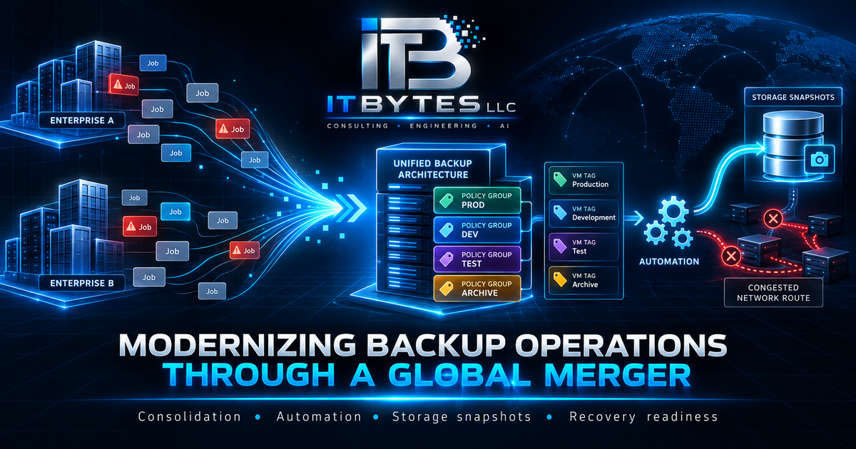 Two enterprise environments consolidating into an automated backup architecture